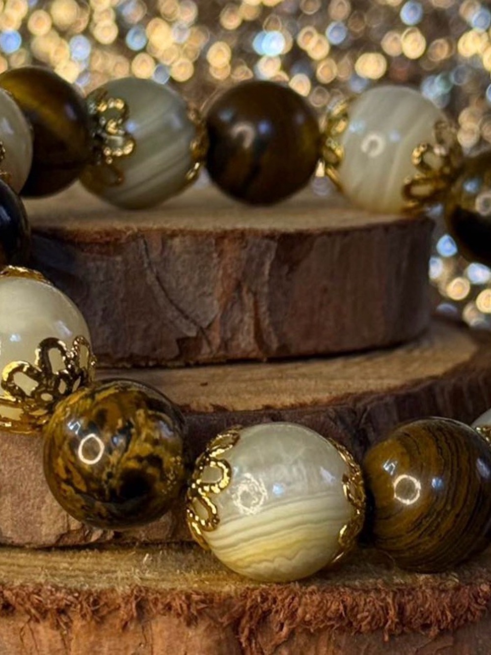 Elegant Brown Tiger Eye and Cream Jade Beaded Stretch Bracelet